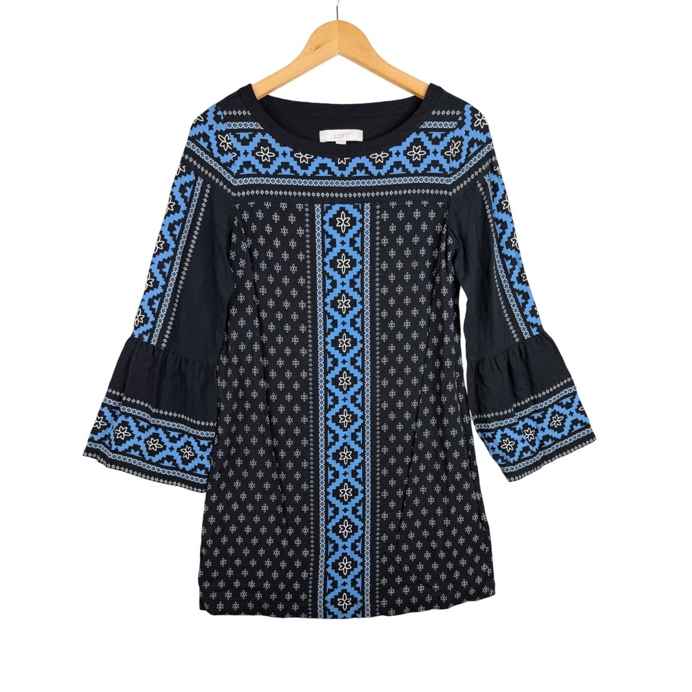 Loft Long‎ Sleeve Floral/Geometric Print Shift Dress size Small Black/Blue